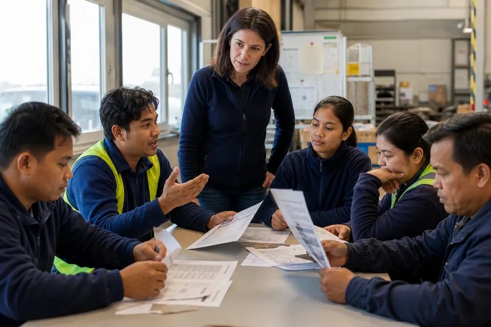 Angajați din Asia participând la o activitate practică de integrare și limba română